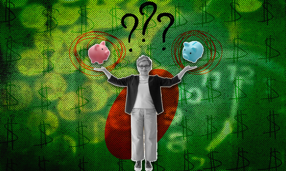 A conceptual image of a woman balancing two piggy banks with question marks above her head